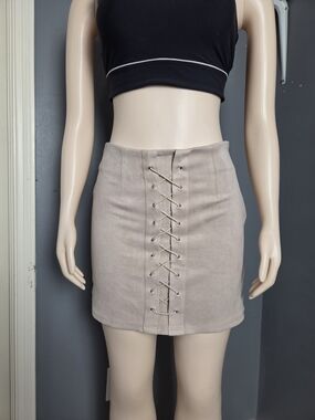 Lace-Up Taupe Mini Skirt - Women's Neutral Casual